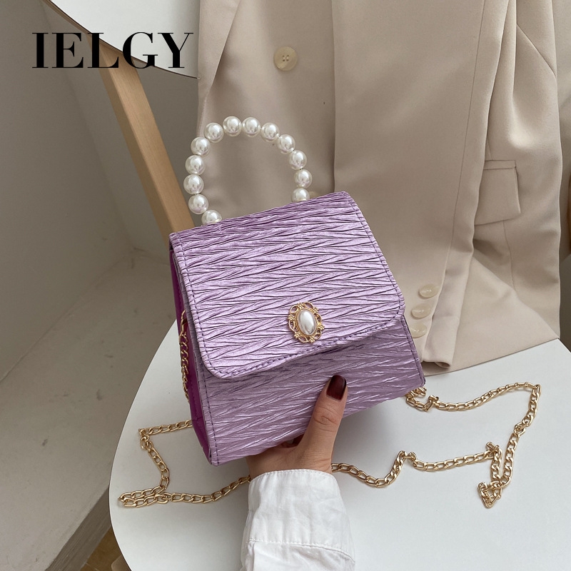 Túi đeo vai IELGY hình vuông cỡ nhỏ dây dạng xích đính ngọc trai thời trang dành cho nữ