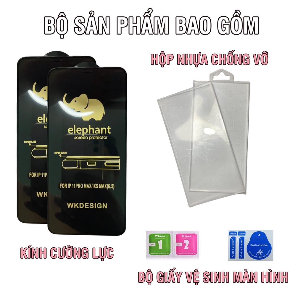 [ĐÓNG HỘP NHỰA] Kính cường lực Iphone Full Màn Con Voi 6/6Plus/6s/7/7Plus/8/plus/x/xr/xs/11/12/13/pro/max/plus/promax