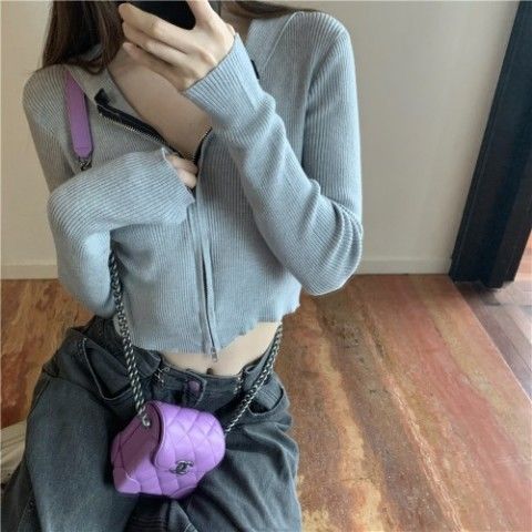 Áo Hoodie Dệt Kim Phối Khóa Kéo Phong Cách Hàn Quốc Thời Trang Dành Cho Nữ