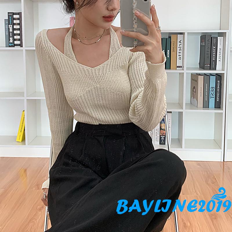 Áo dệt kim tay dài cổ chữ V màu trơn thời trang cho nữ