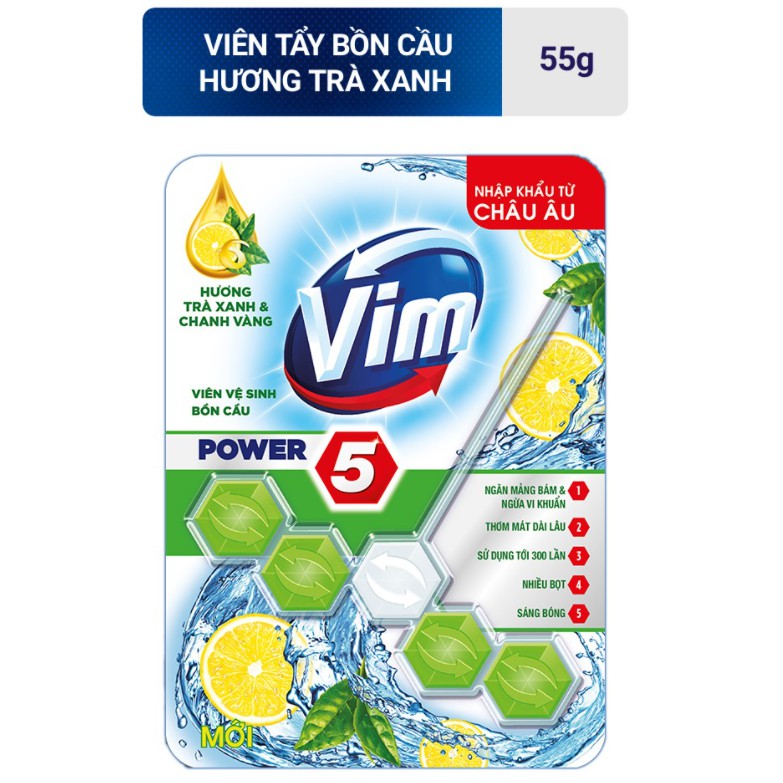 Viên Tẩy Bồn Cầu Vim Power 5 Hương Trà Xanh Chanh Vàng 55G Sạch Khuẩn Thơm Mát