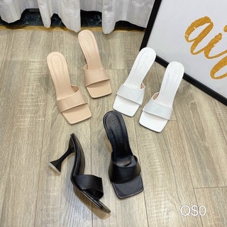 Dép nữ cao gót bản quai vát chéo gót ly 9p