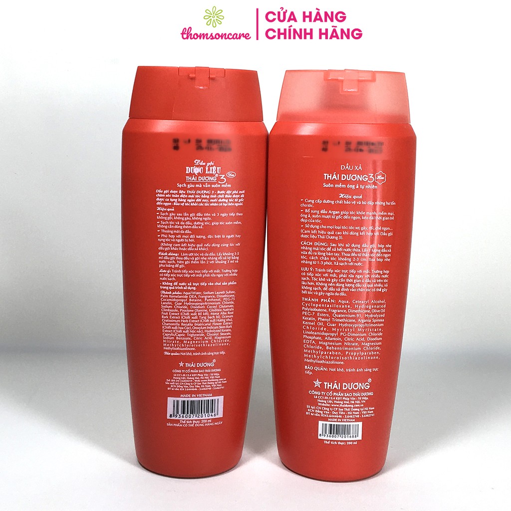 Bộ gội xả dược liệu Thái Dương 3 chai 200ml giúp mượt tóc, hết gàu, bổ sung dưỡng chất thành phần từ bồ kết thảo dược