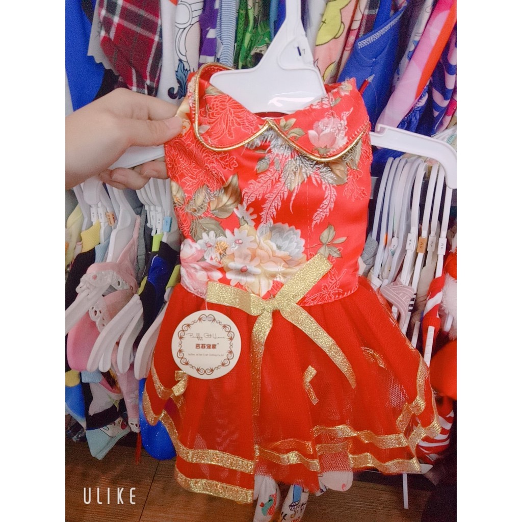 áo Đầm tết ren hoa mẫu đơn - đầm TẾT cho chó mèo