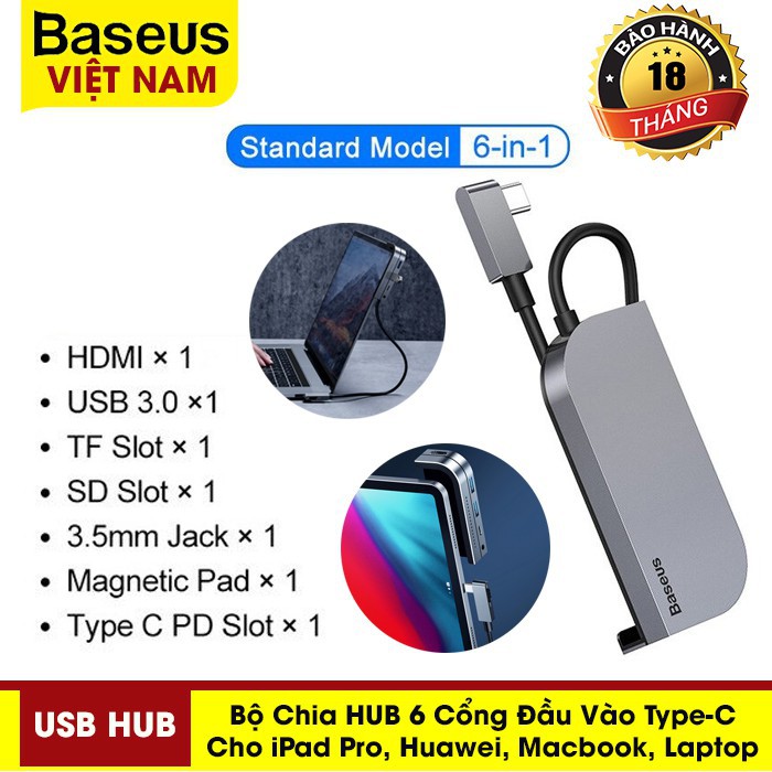 Bộ Chia HUB Baseus 6 Cổng, Type-C Sang HDMI, USB 3.0, TF Slot, SD Slot, Jack 3.5mm, Magnetic Pad, Type-C PD Slot