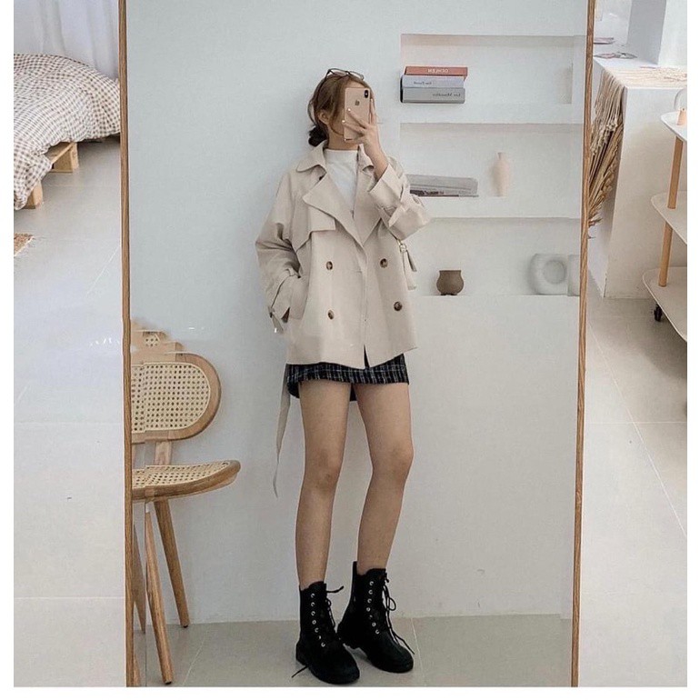 Áo khoác nữ mangto dáng ngắn 2 lớp (măng tô), áo khoác mangto nữ cổ vest dáng ngắn kèm đai kiểu Hàn Quốc