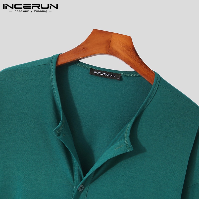 Áo sơ mi INCERUN tay dài dáng rộng thoải mái màu trơn cài khuy cho nam