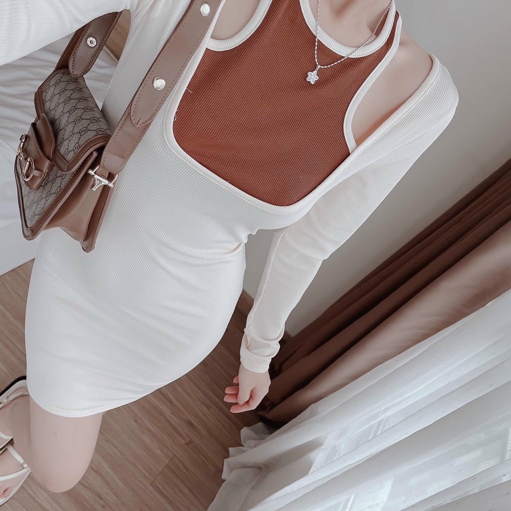 Đầm gân nữ dáng body ngắn phối yếm cổ 2 dây màu cổ vuông hot