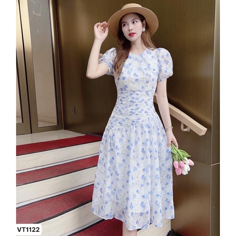 Đầm xoè nhún eo dáng dài tay bồng GOZA VT1122