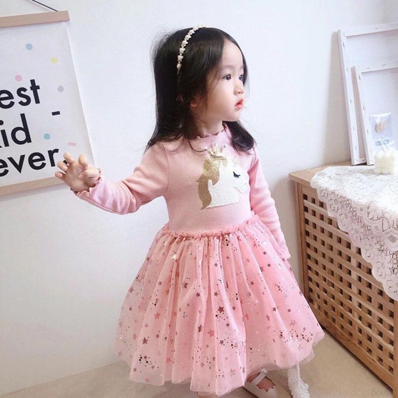 Đầm công chúa tay dài in họa tiết hoạt hình phong cách Hàn Quốc cho bé gái