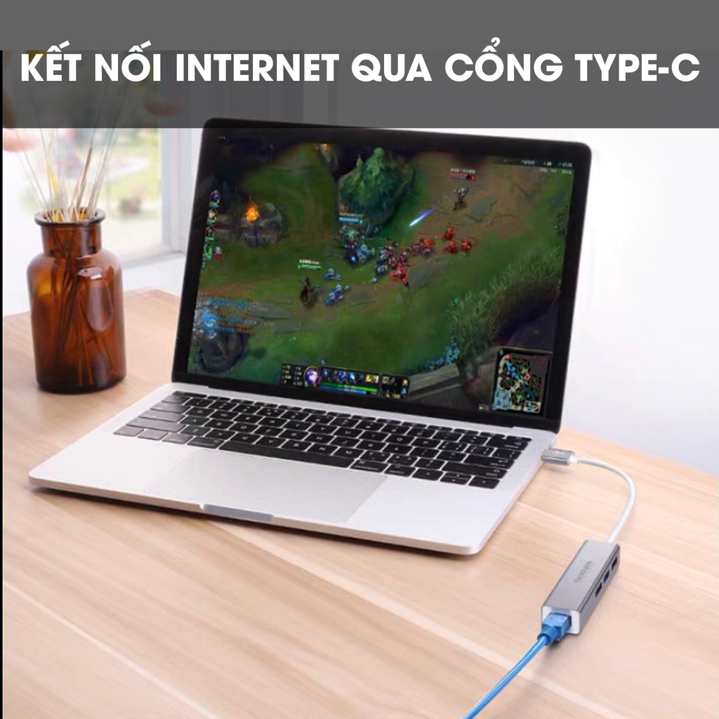Hub USB Type C kết nối mạng Lan RJ45, Hub chia ra 3 cổng USB 3.0  mở rộng kết nối chuyển đổi cho laptop, PC tốc độ cao