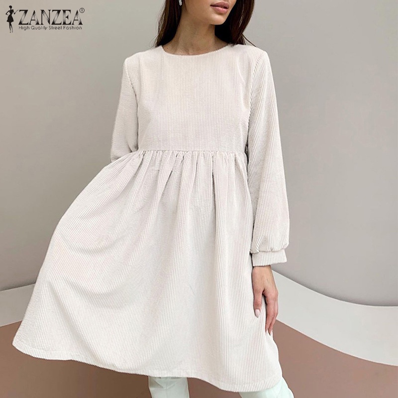 Đầm chữ A mini ZANZEA tay dài cổ tròn màu trơn thời trang phong cách châu Âu cho nữ