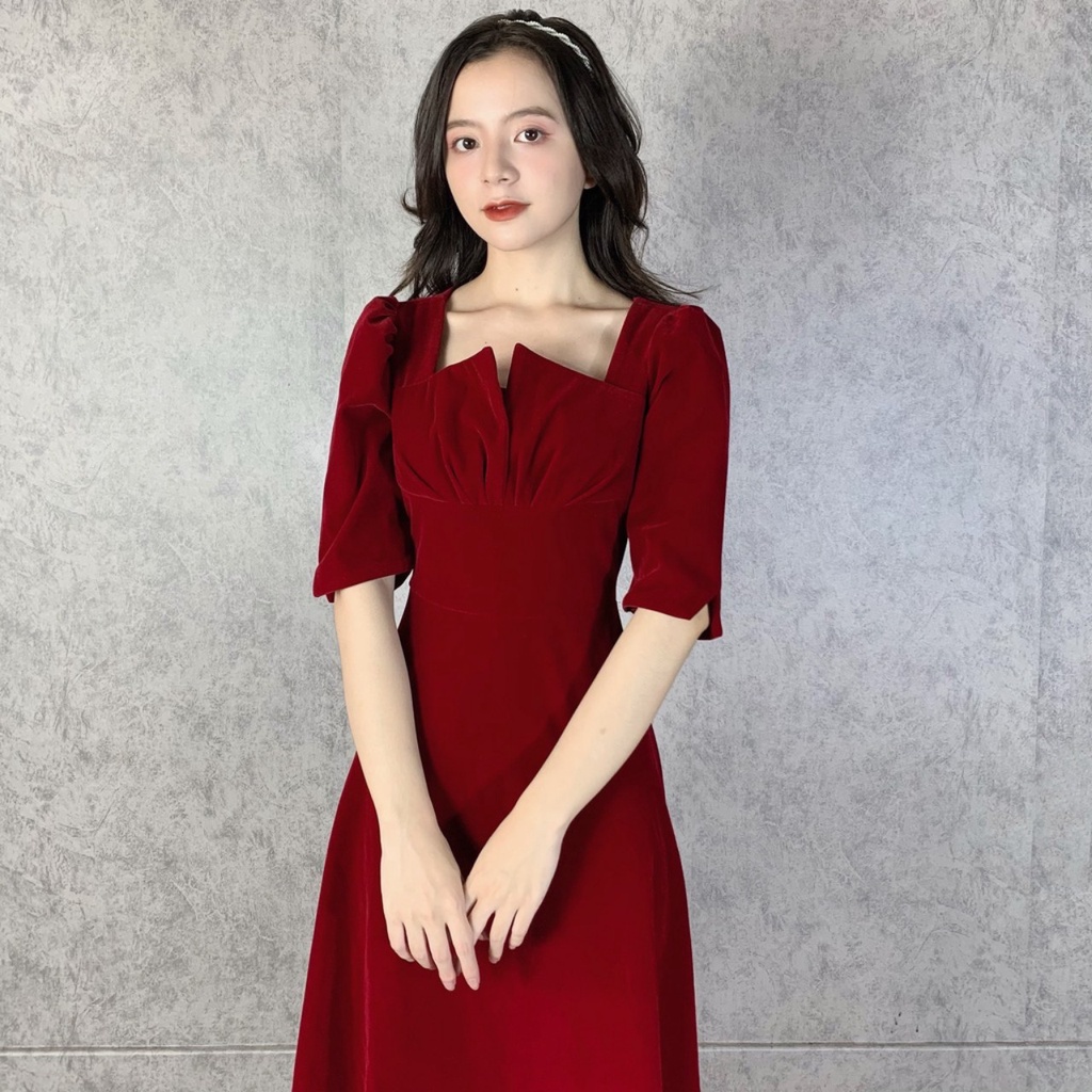 Váy Nhung Xoè đi tiệc, đi chơi Xẻ Ngực-Váy Bó Eo Cổ Vuông  video ảnh thật ulzzangstyle