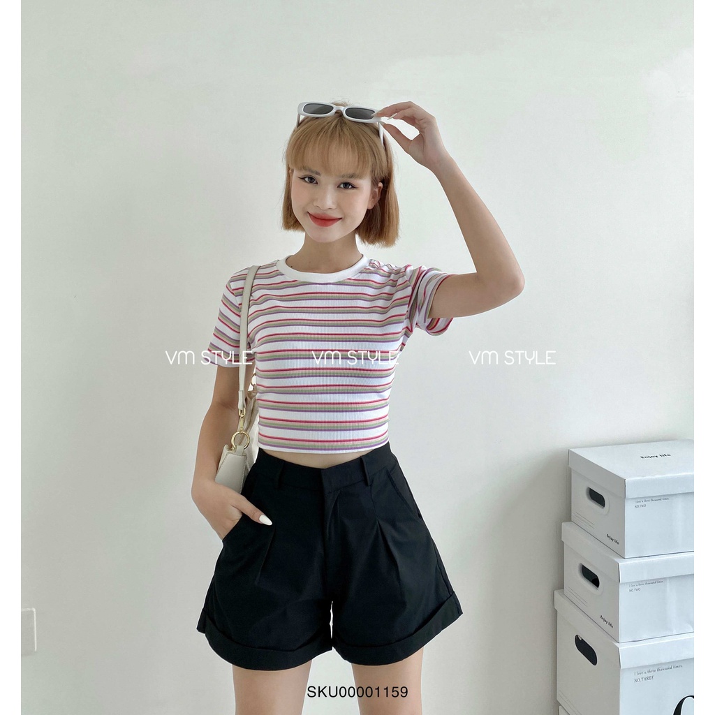 Quần short nữ VMSTYLE ống rộng lưng cao gập gấu chất kaki xăn lai chít giữa 588 SKU00001