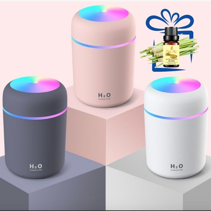 Máy Xông Tinh Dầu H2O Hình Trụ Phun Sương Tạo Ẩm Khuếch Tán Tinh Dầu  Làm Thơm Cho Phòng Ngủ &amp; Trên Xe oto Đèn Led 7 Màu