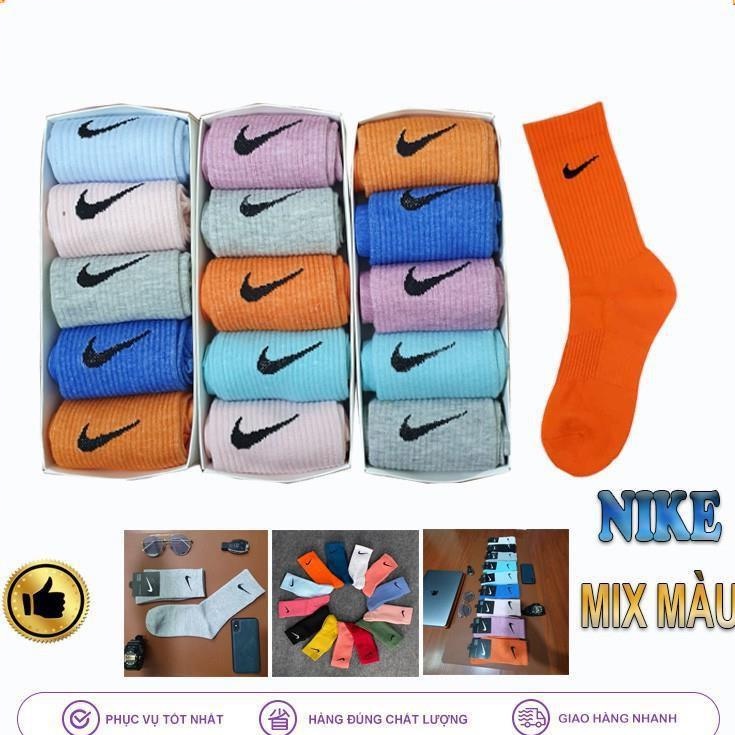 Hộp 5 Đôi Tất Nike Màu (Random), Tất Cao Cổ Hàng Xuất Dư Cao Cấp Quà Tặng  - Bán Buôn Bán Lẻ