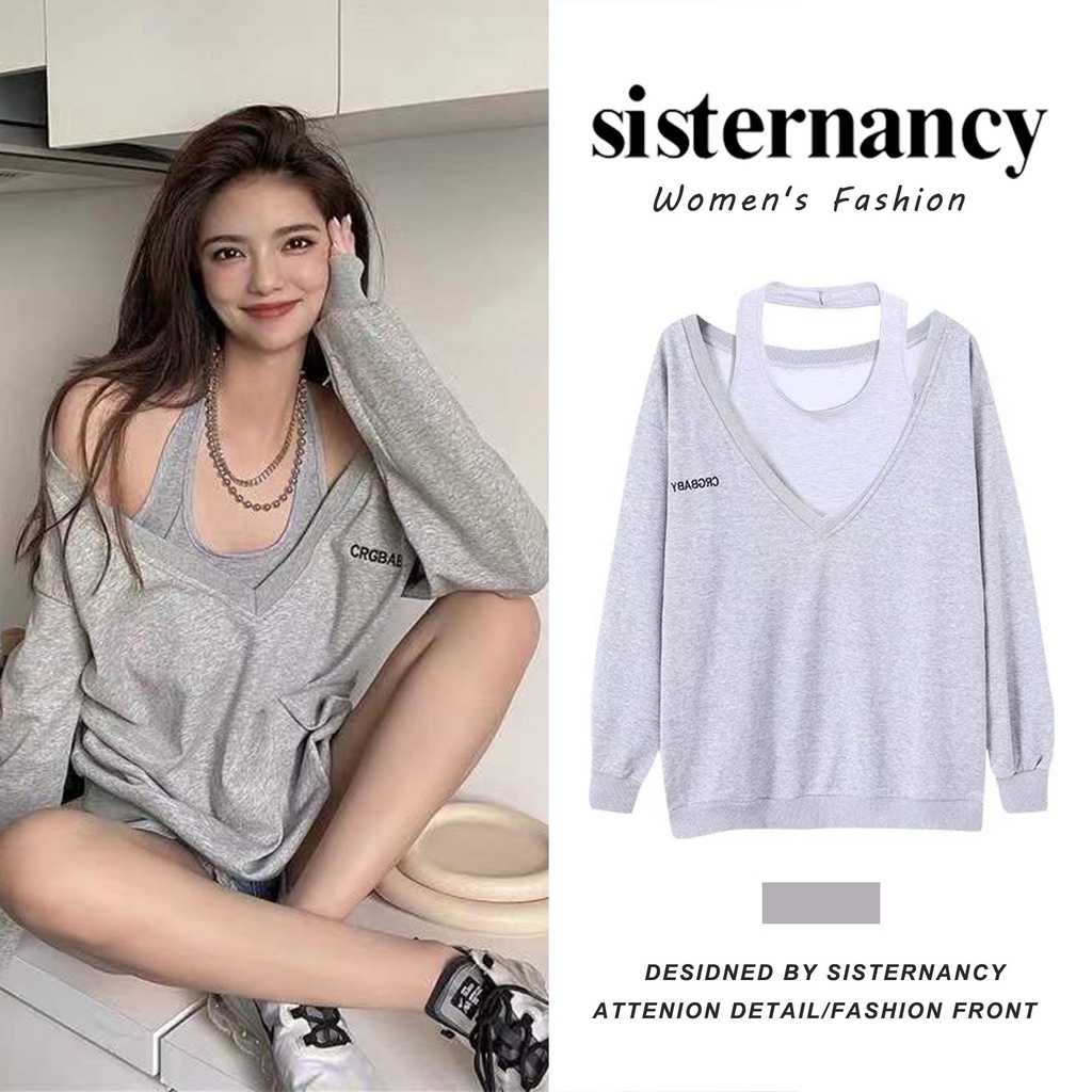 COZOK Set áo tay dài cổ chữ V + áo không tay dáng rộng thời trang cho nữ