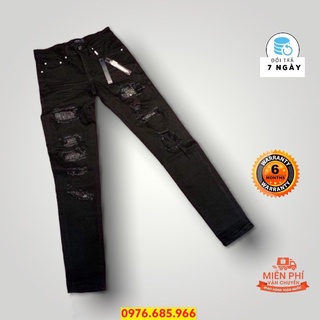 Quần bò nam đen rách đính đá, quần bò đen ốn đứng rách gối chất co dãn hàng spf.