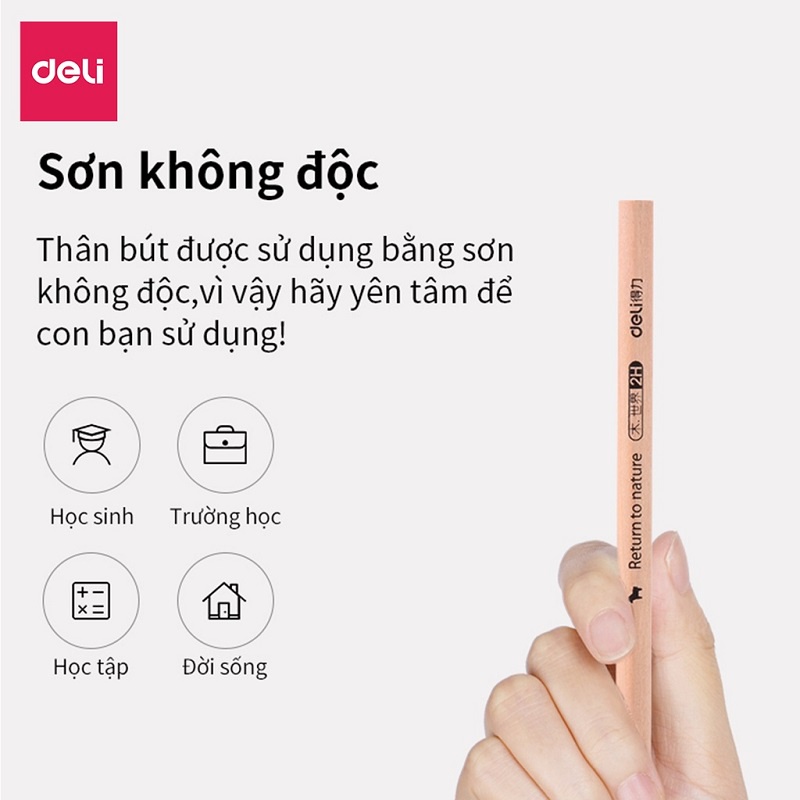 Bút chì lục giác / chì gỗ tam giác Deli S941 - 2B / S943 - HB thân gỗ tự nhiên cho học tập và vẽ mỹ thuật phác thảo