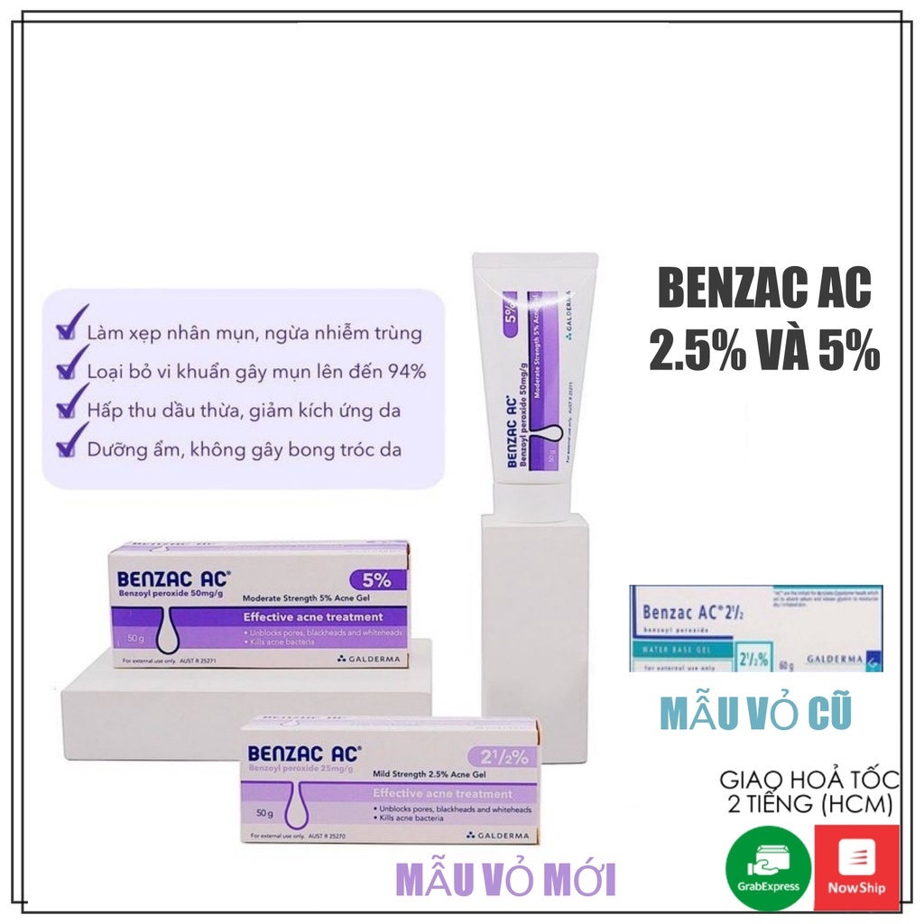 Kem chấm giảm mụn Benzac 2.5% và 5% Benzoyl Peroxide 15g