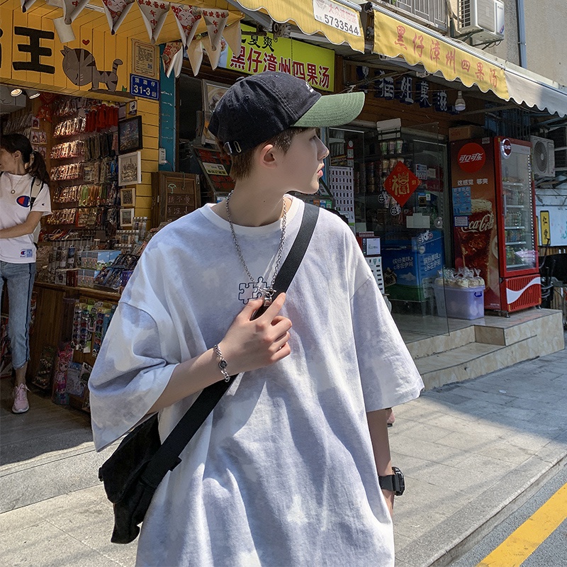 Áo Thun Tay Ngắn Cổ Tròn Form Rộng Nhuộm Màu Phong Cách Harajuku Cho Nam Size M-5Xl