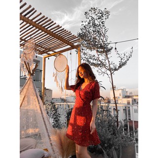 Váy hoa nhí thời trang, váy nữ màu đỏ phù hợp đi chơi đi du lịch đi làm kiểu dáng vintage thiết kế may đo cao cấp