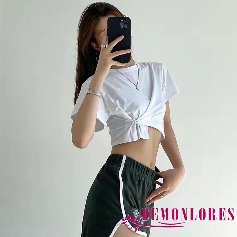 Áo Thun Croptop Ngắn Tay Cổ Tròn Màu Trơn Thiết Kế Độc Đáo Thời Trang Cho Nữ