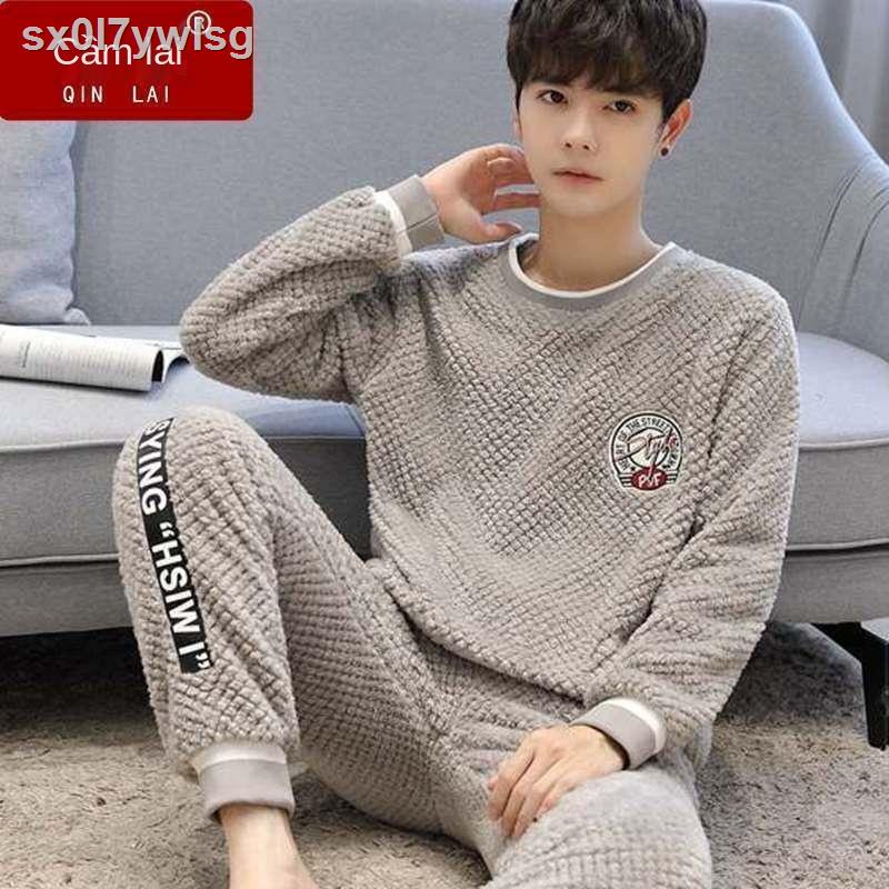 ( Sẵn)Mùa đông dứa bộ đồ ngủ của nam giới lông cừu thu và các mô hình cộng với nhung dày ấm áp giản dị flannel dịch vụ n