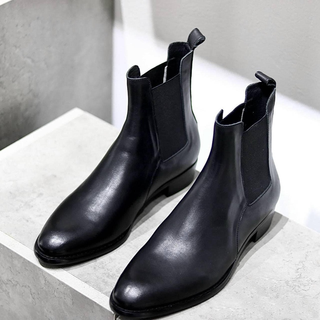 Giày (Bốt Nam) Chelsea Boots  Da Bò Đế Gỗ Cao 4cm BH 12 Tháng