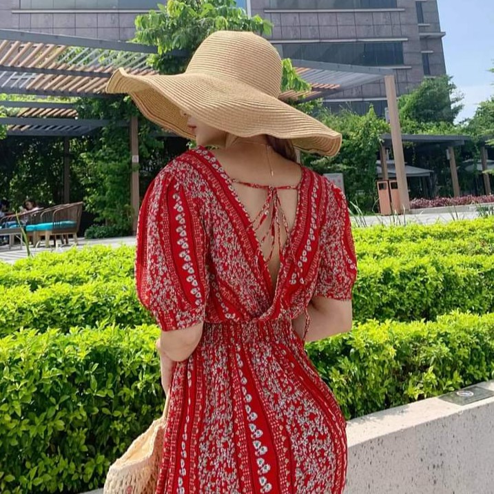 [KÈM QUÀ TẶNG] Đầm thổ cẩm đỏ buộc dây lưng