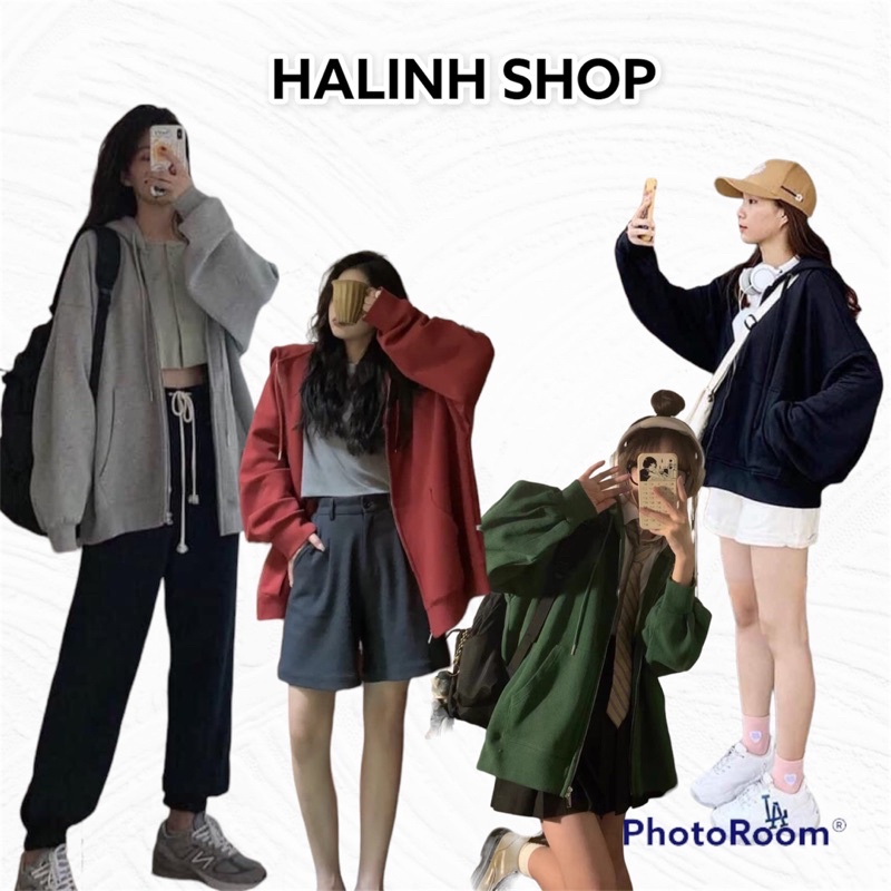 Áo Khoác Hoodie Mũ 2 Lớp - Halinh Shop - Áo Khoác Tay Phồng Kéo Khoá Dây Rút Bo Chun Nỉ Ngoại Mặc Khoác Size M L