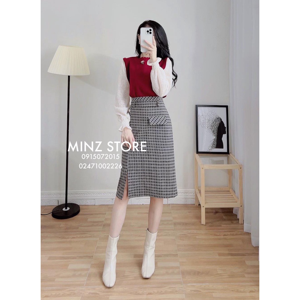 Chân váy dạ kẻ dáng A xẻ trước (2 màu)