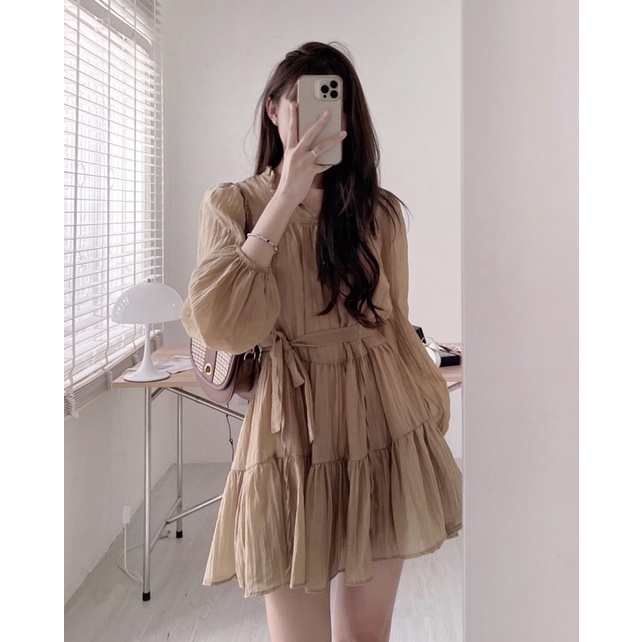 Váy babydoll Dài Tay Tơ 4 Màu Có Đai Siêu Nữ tính