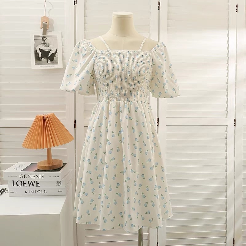 Váy trắng hoa tulip trễ vai 2 dây đi biển ulzzang cổ vuông, Đầm nữ dự tiệc vintage thiết kế kiểu Pháp Kozoda D68
