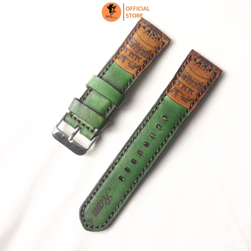 Dây Đồng Hồ Thủ Công trống đồng da bò Veg màu xanh ngọc - RAM Leather 18mm, 20mm, 22mm, Casio 1200, iwatch AW đủ seri
