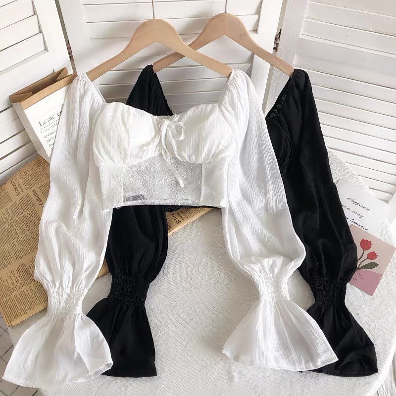 Áo croptop tay dài YUNA tay bồng  thân kiểu dáng corest có đệm mút siêu hách dáng, thời trang nữ YUNA_A004
