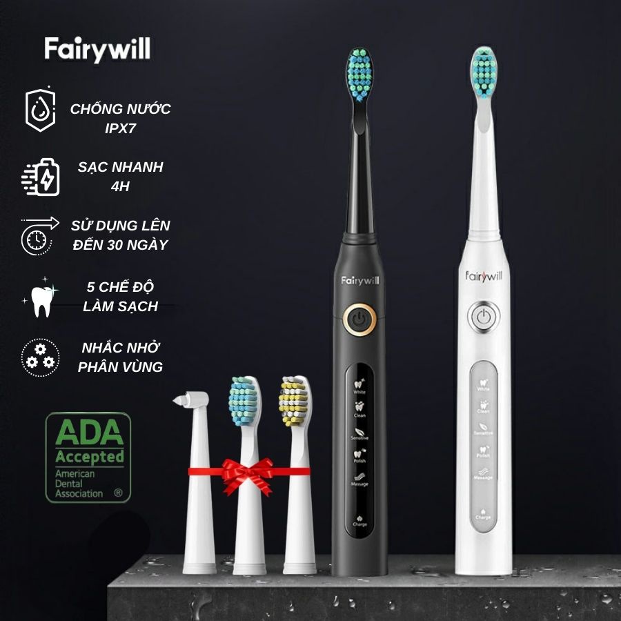 Bàn chải điện FAIRYWILL D7 đánh răng với 5 chế độ làm sạch chuyên sâu, tặng kèm 3 đầu thay.