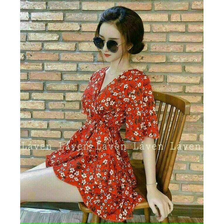 ĐẦM LỤA HOA CỘT NƠ EO CỔ CHỮ V TAY NGẮN XÒE