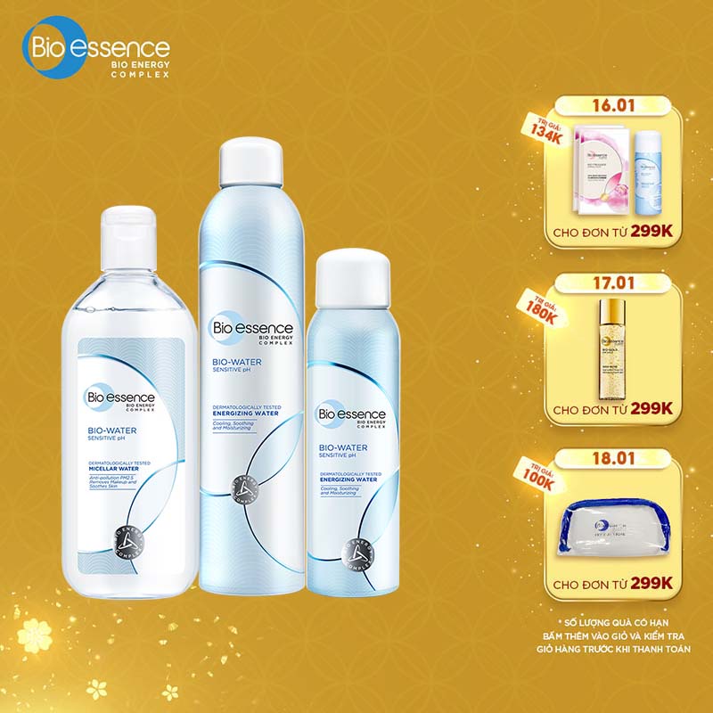 Bộ sản phẩm làm sạch và cấp ẩm cho da Bio-Essence Bio Water (Tẩy trang Micellar Water 100ml+ Xịt khoáng 300ml và 100ml))