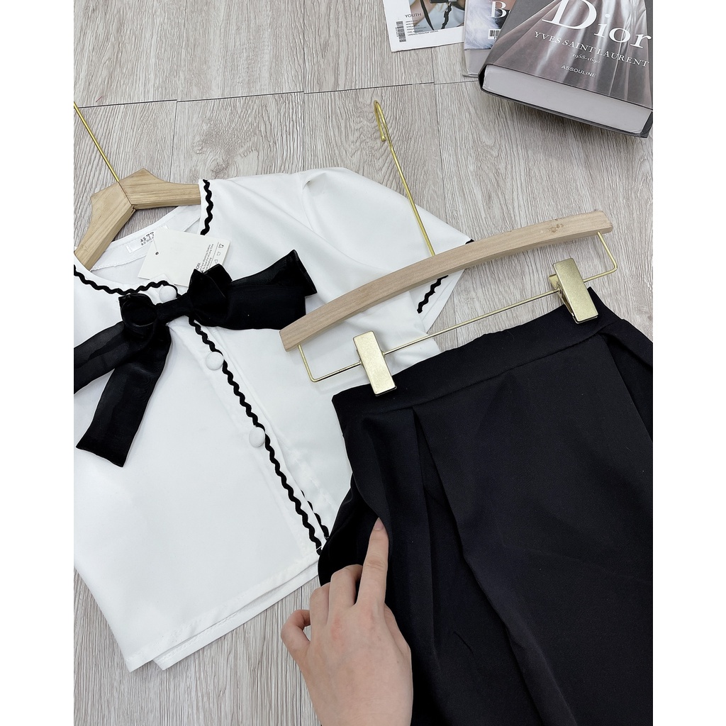 [ 𝐅𝐑𝐄𝐄 𝐒𝐇𝐈𝐏 ]  SÉT SƠ MI NƠ CHÂN VÁY TAY BỒNG VIỀN MÍ TIỂU THƯ