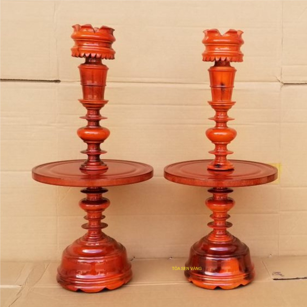 Cặp Chân Đèn Gỗ Cao 50cm - Chân đèn thờ, gỗ tràm bông vàng, màu nâu đỏ