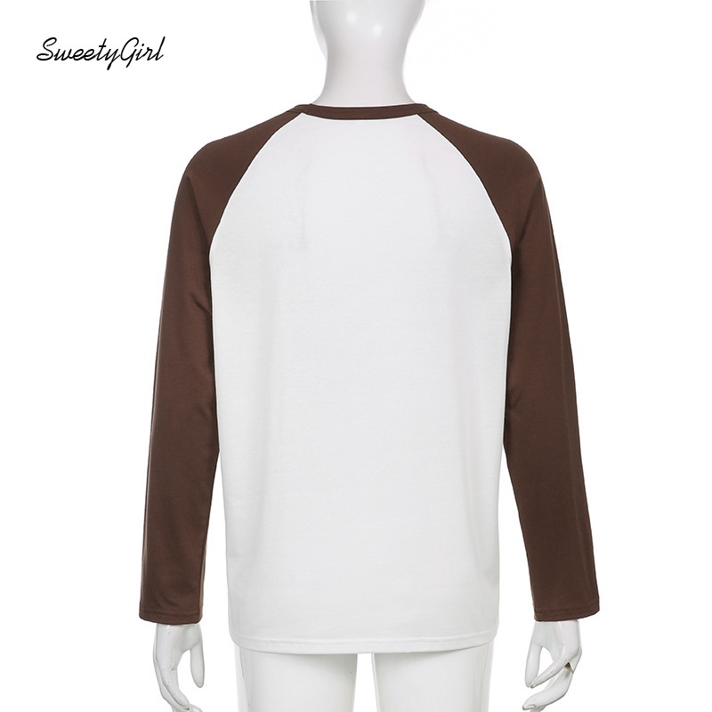 Áo Thun Tay Dài Cổ Tròn Dáng Rộng Màu Sắc Tương Phản Thời Trang Dành Cho Nữ