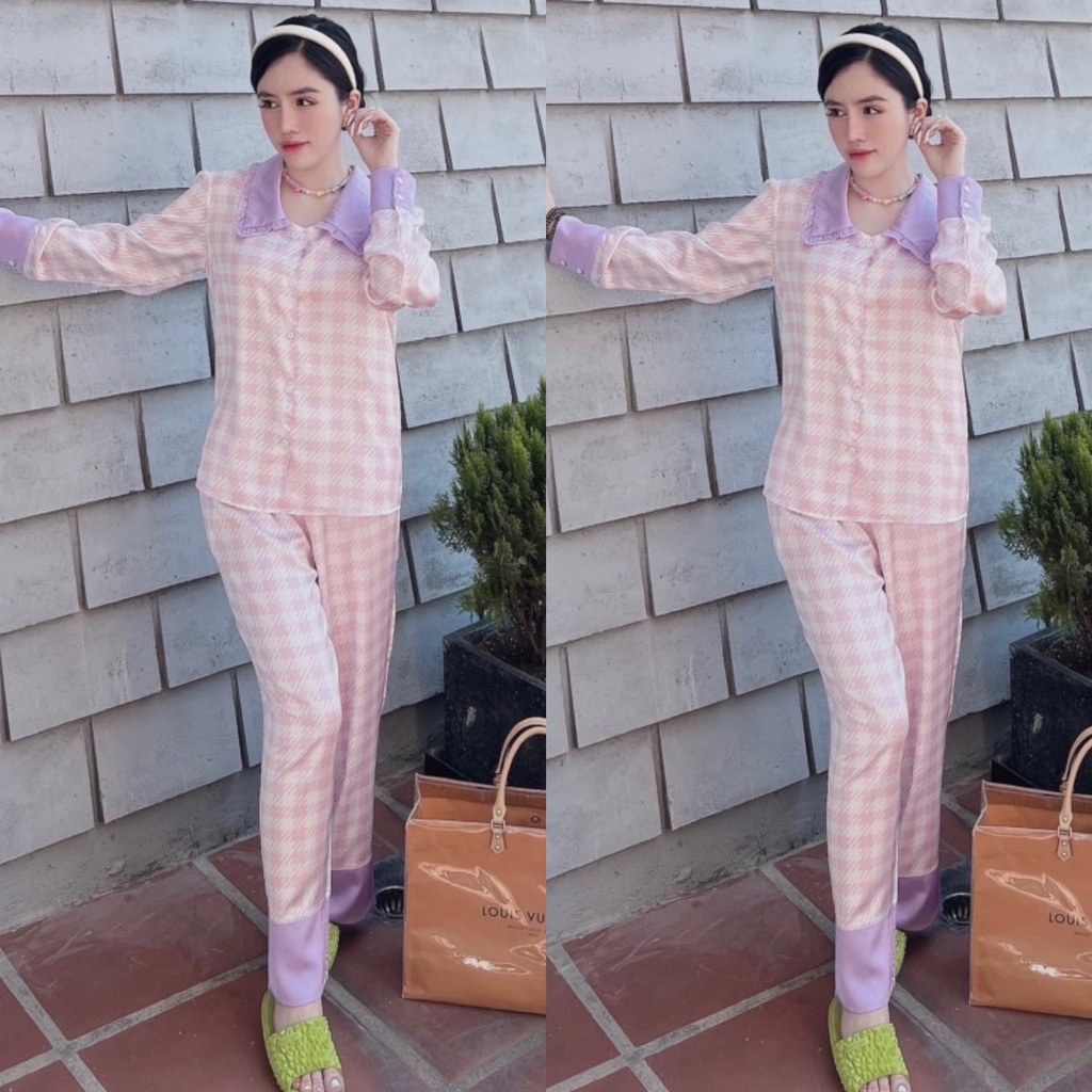 Đồ bộ pijama mặc nhà Lụa thiết kể Quảng Châu cao cấp tay dài quần dài