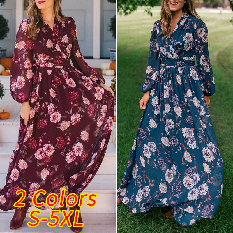 Đầm Nữ VONDA Dài Chữ A Rộng In Hoa Tay Dài Cổ V | BigBuy360 - bigbuy360.vn