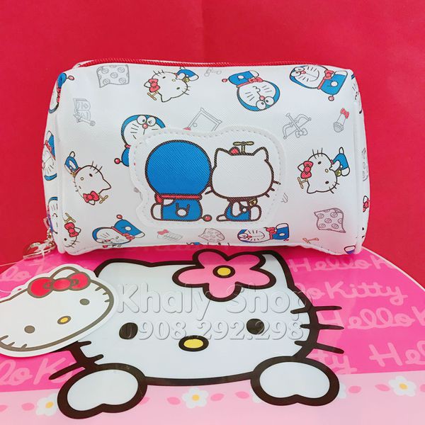 Hộp bút, bóp viết, túi đựng dụng cụ trang điểm, mỹ phẩm 1 ngăn nhiều hình Doremon và Hello Kitty màu trắng viền đỏ