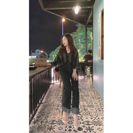 Quần jeans ống đứng Gập Gấu Co Giãn Hàn Quốc Quần Jeans Nữ Xanh Đậm Lưng Cao THOMPHAMSHOP