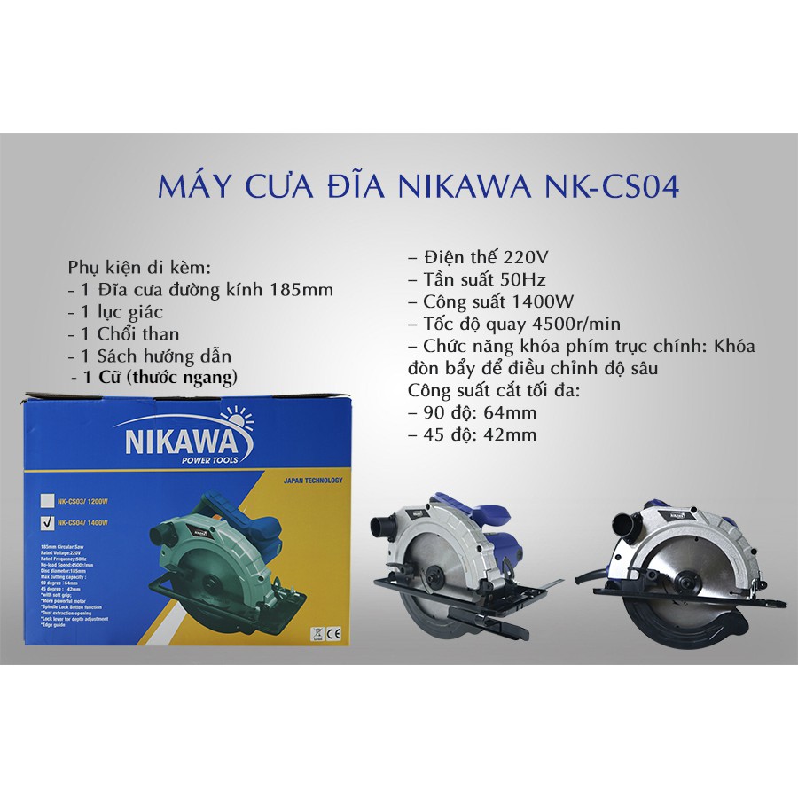 Máy cưa đĩa Nikawa NK-CS04 (1400W, 185mm, có kèm lưỡi)- Hàng chính hãng, bảo hành 6 tháng