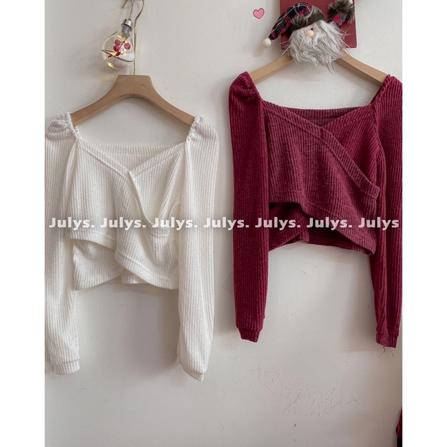 Áo len croptop trễ vai vạt chéo 2 màu (ảnh thật shop chụp kèm video)