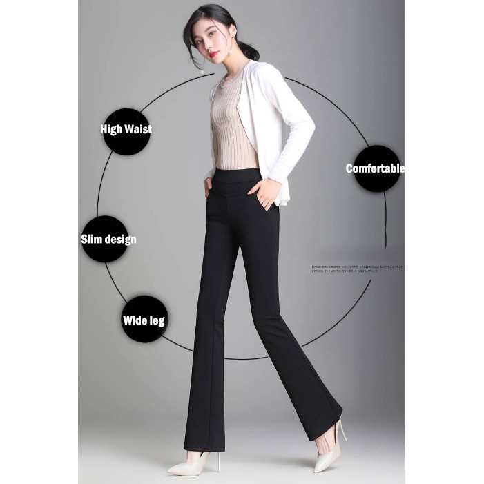READY STOCK Women Wide Leg Pants High Waist Large Size Stretch Pcoket Bell Bottom Flared Pants