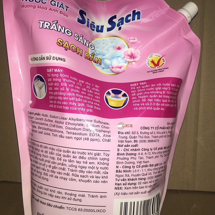 Nước giặt Lix hương hoa Anh Đào Túi 2.4Kg - Tẩy sạch cực mạnh vết bẩn